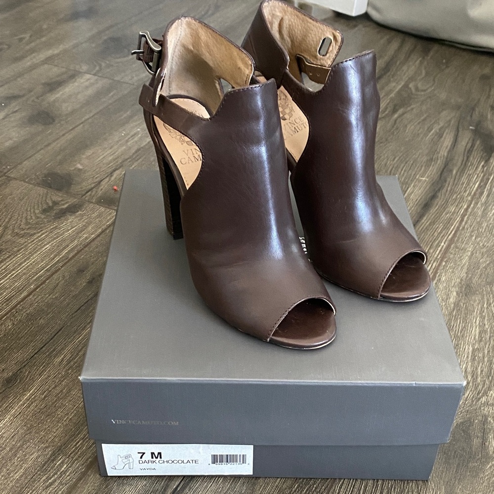 Vince Camuto Dark Brown Peep-Toe Leather Heels with Ankle Strap